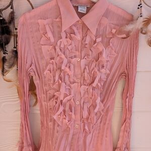 Vintage Y2K Boho Dusty Pink pleated blouse with ruffles L
